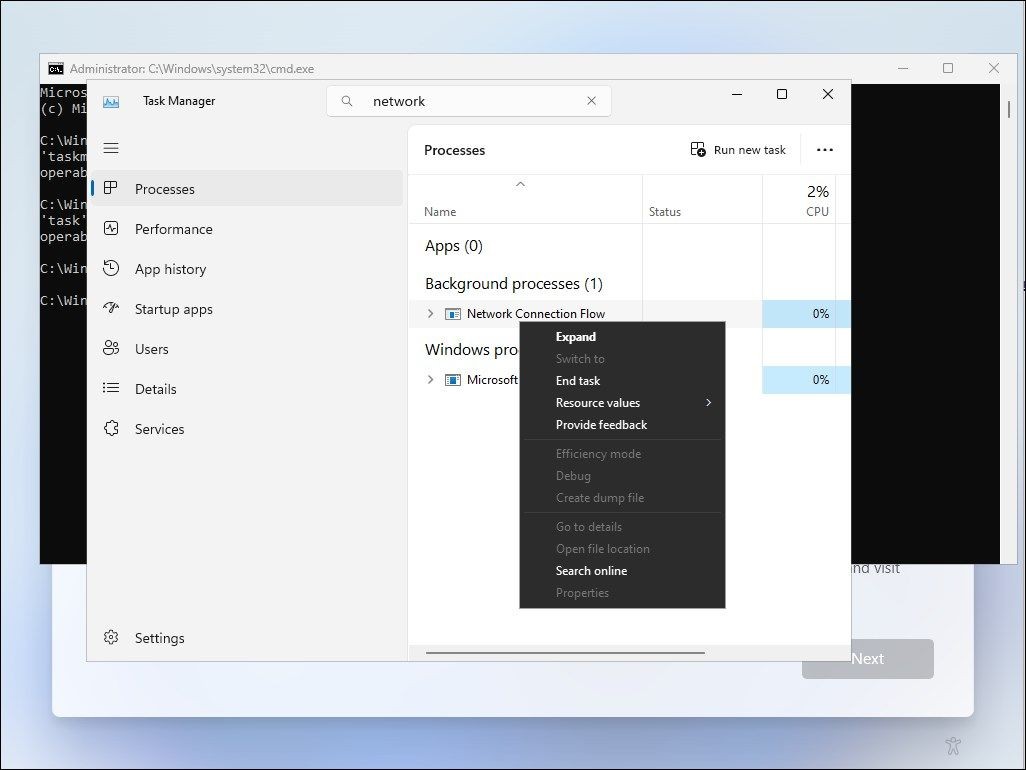 Màn hình Task Manager Windows 11 với quá trình Network Connection Flow