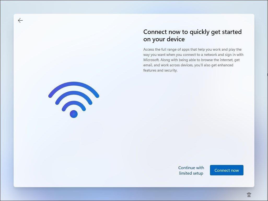 Màn hình thiết lập Windows 11 với lựa chọn &quot;Tiếp tục với thiết lập hạn chế&quot;