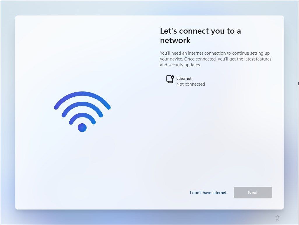 Màn hình thiết lập Windows 11 với lựa chọn &quot;Tôi không có kết nối internet&quot;