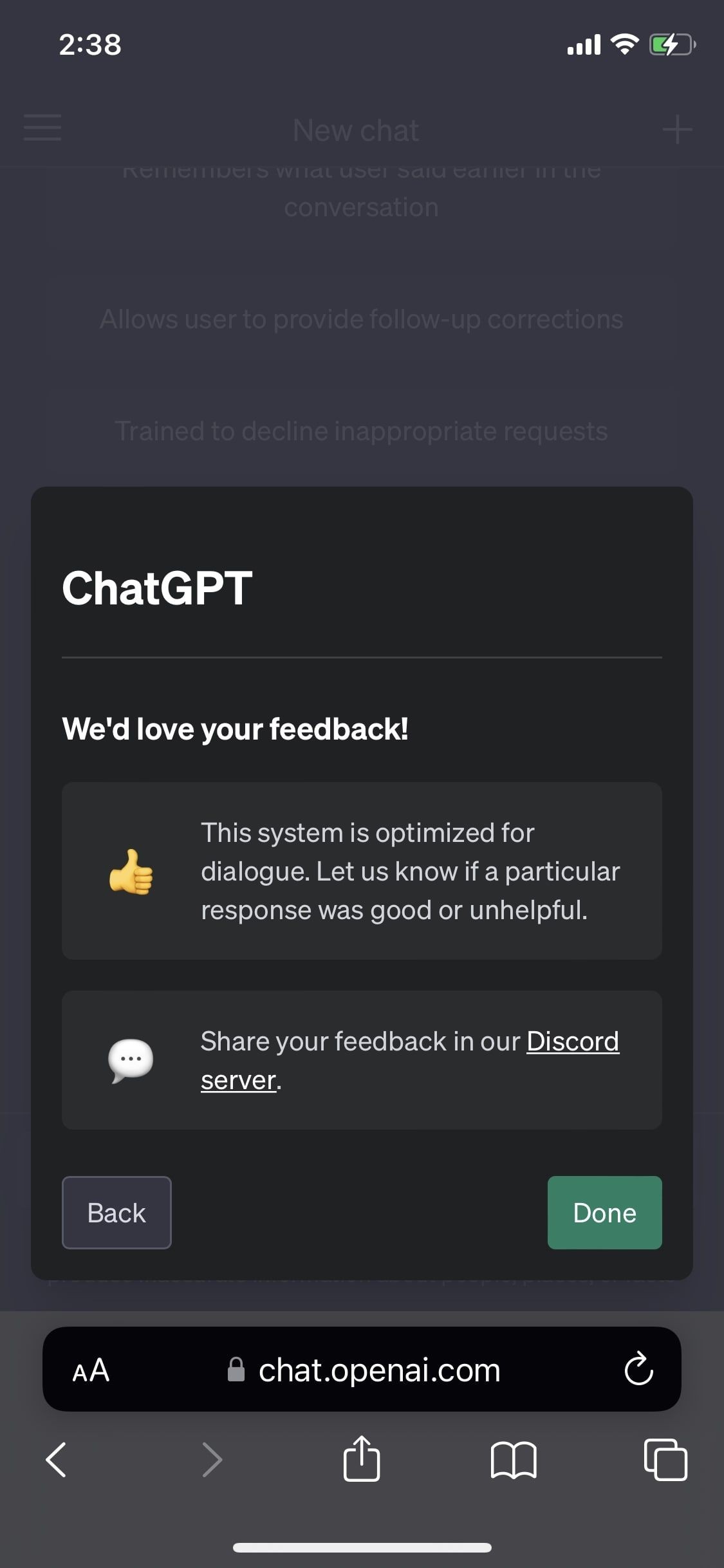 Màn hình thông báo cuối cùng của ChatGPT trên iOS