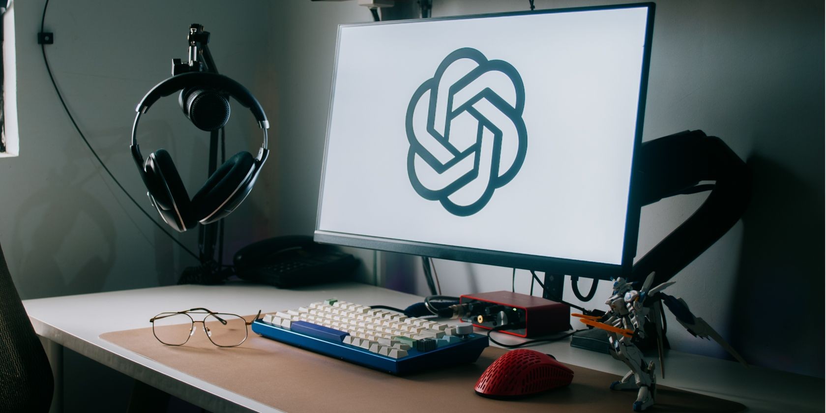 Màn hình trên bàn làm việc với logo OpenAI