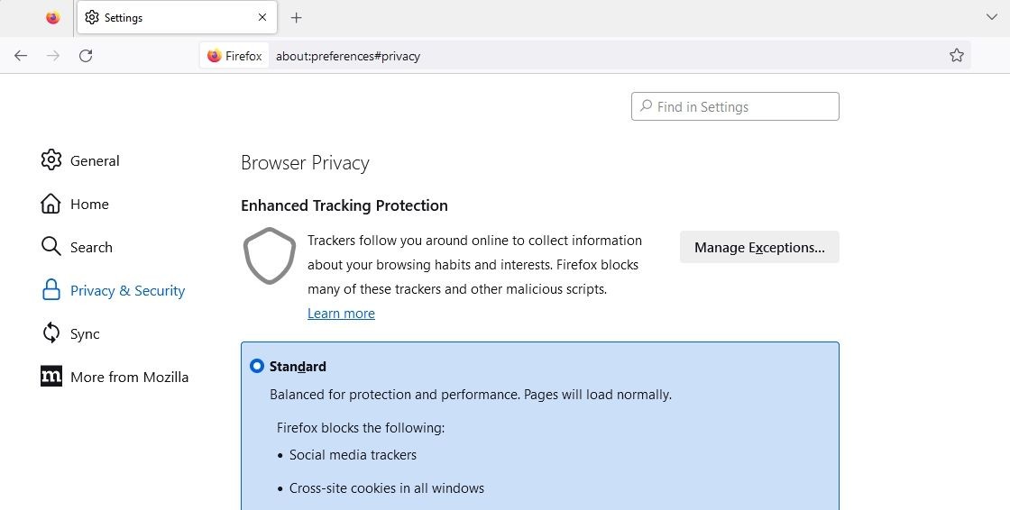 Manage exceptions option in Firefox