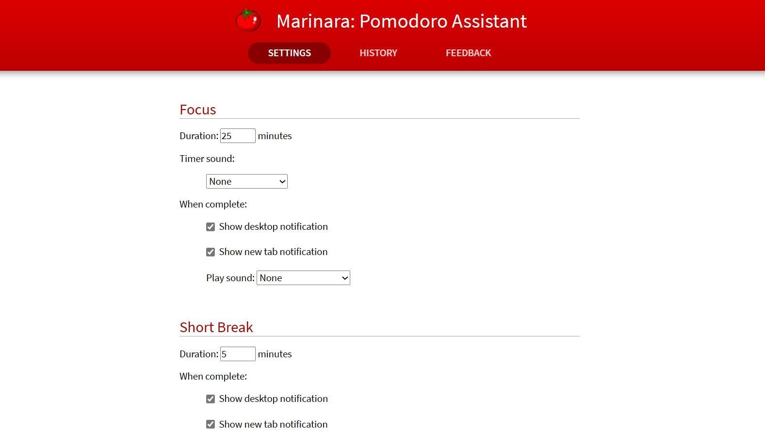 Marinara cài đặt Pomodoro