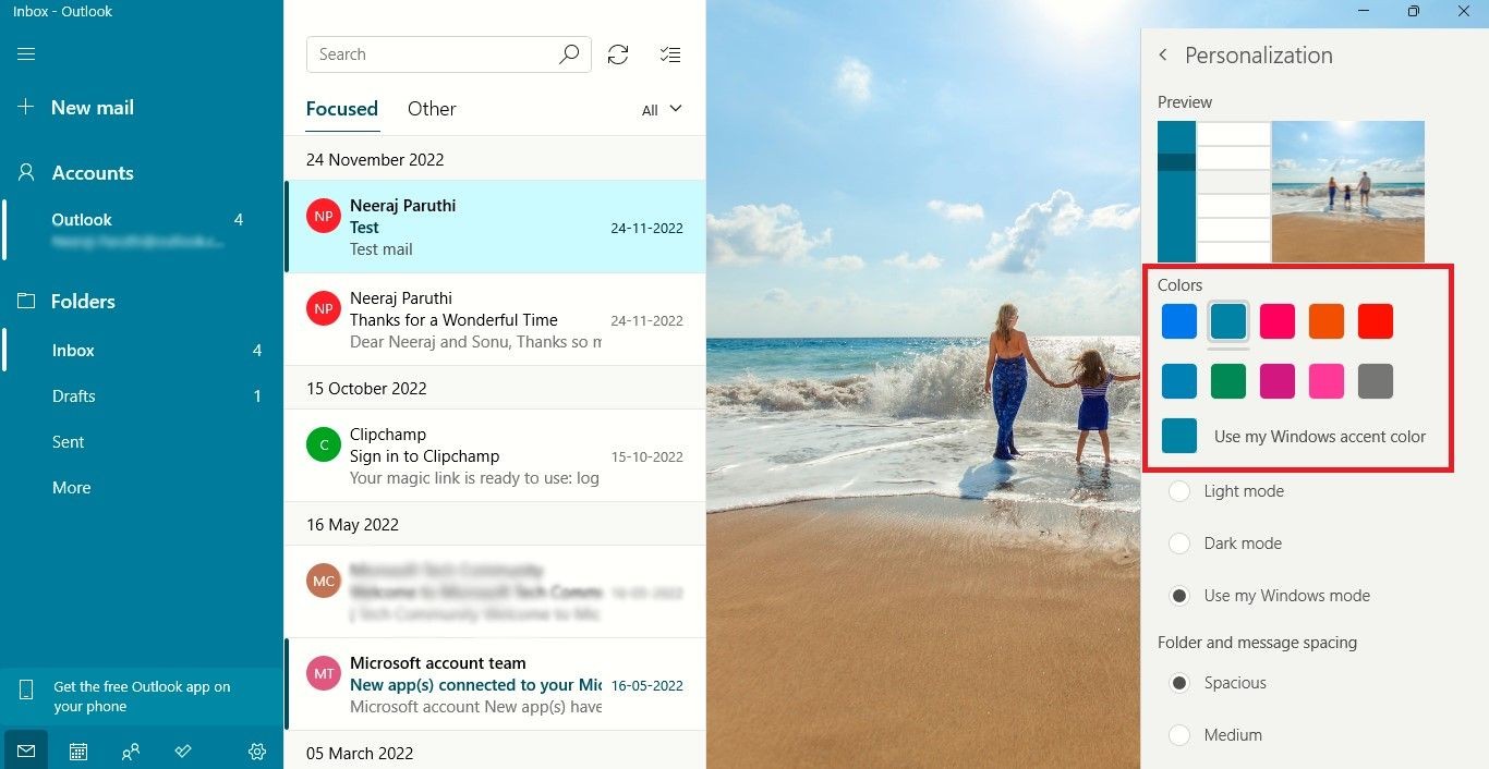 Màu bảng điều khiển bên trái phù hợp với hình ảnh trong ứng dụng Mail