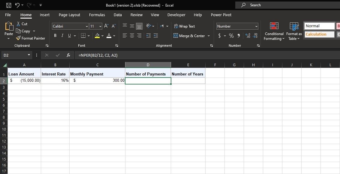 Mẫu bảng tính để tính toán các khoản thanh toán vay với NPER trong Excel