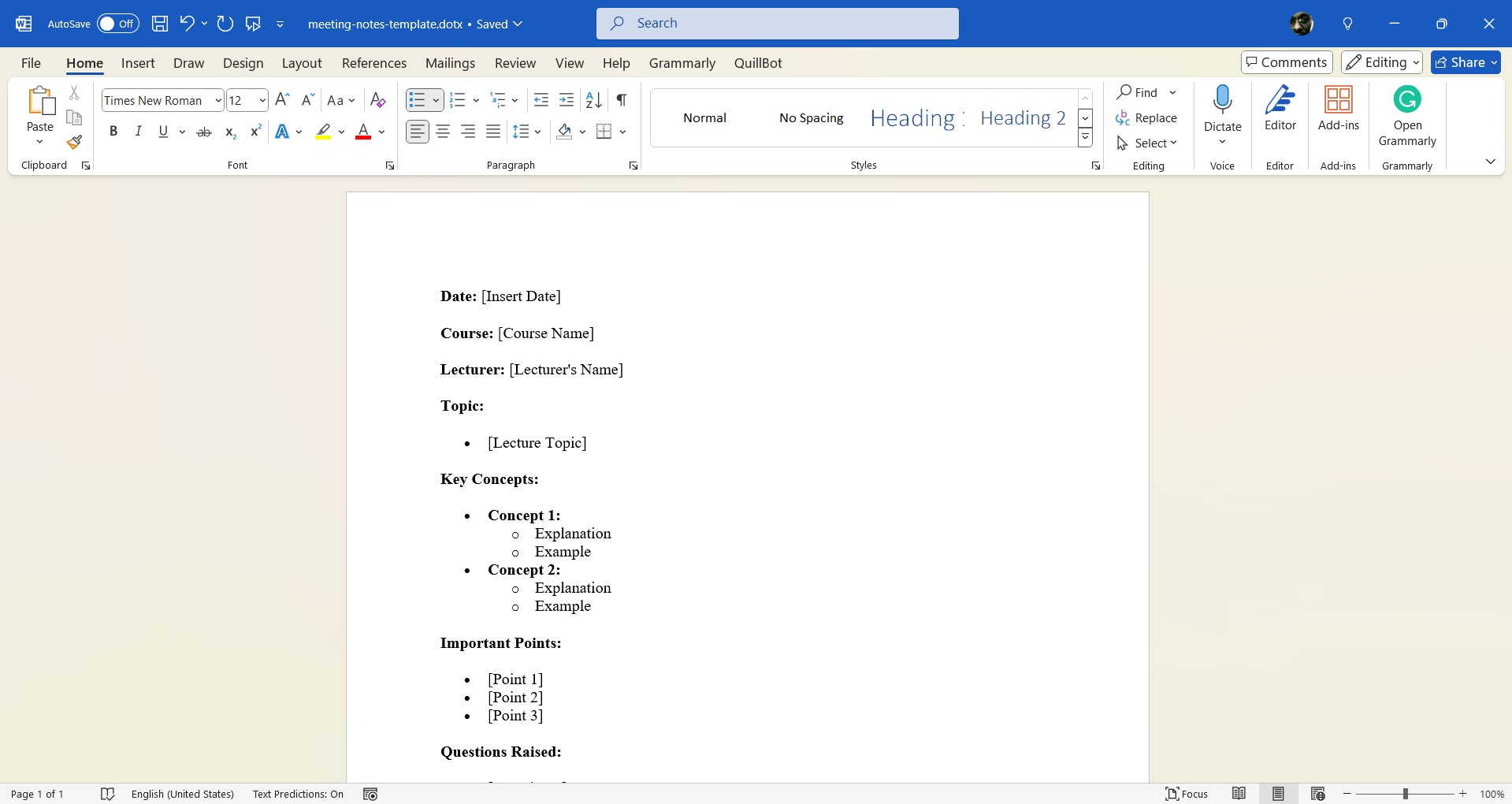 Mẫu ghi chú cuộc họp trong Microsoft Word trên Windows.