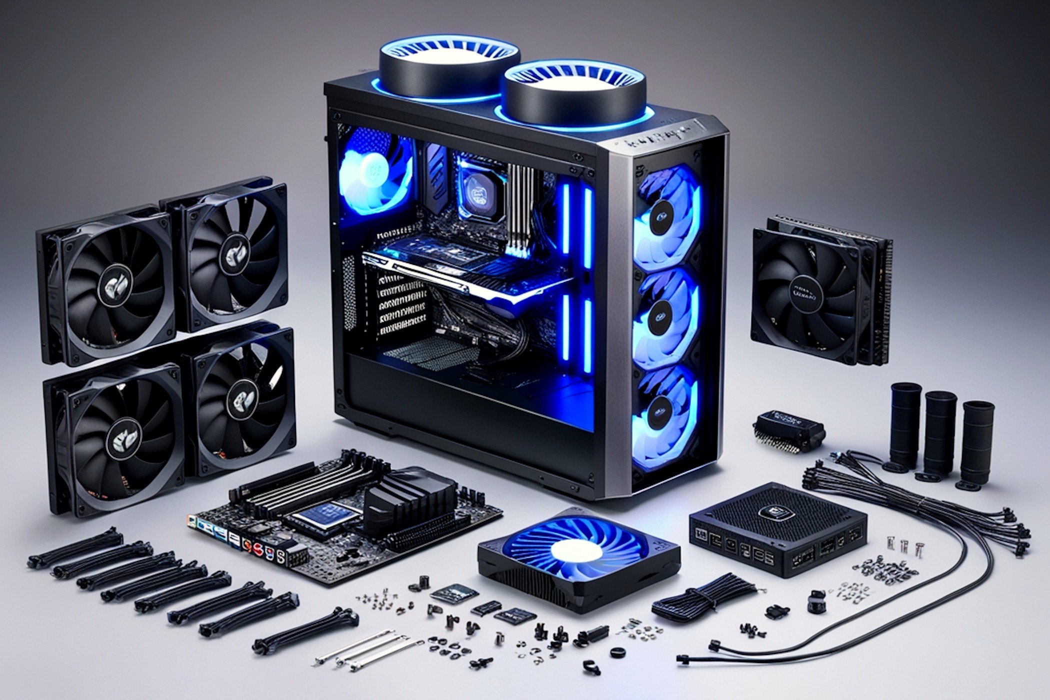 Máy tính chơi game với các linh kiện xung quanh