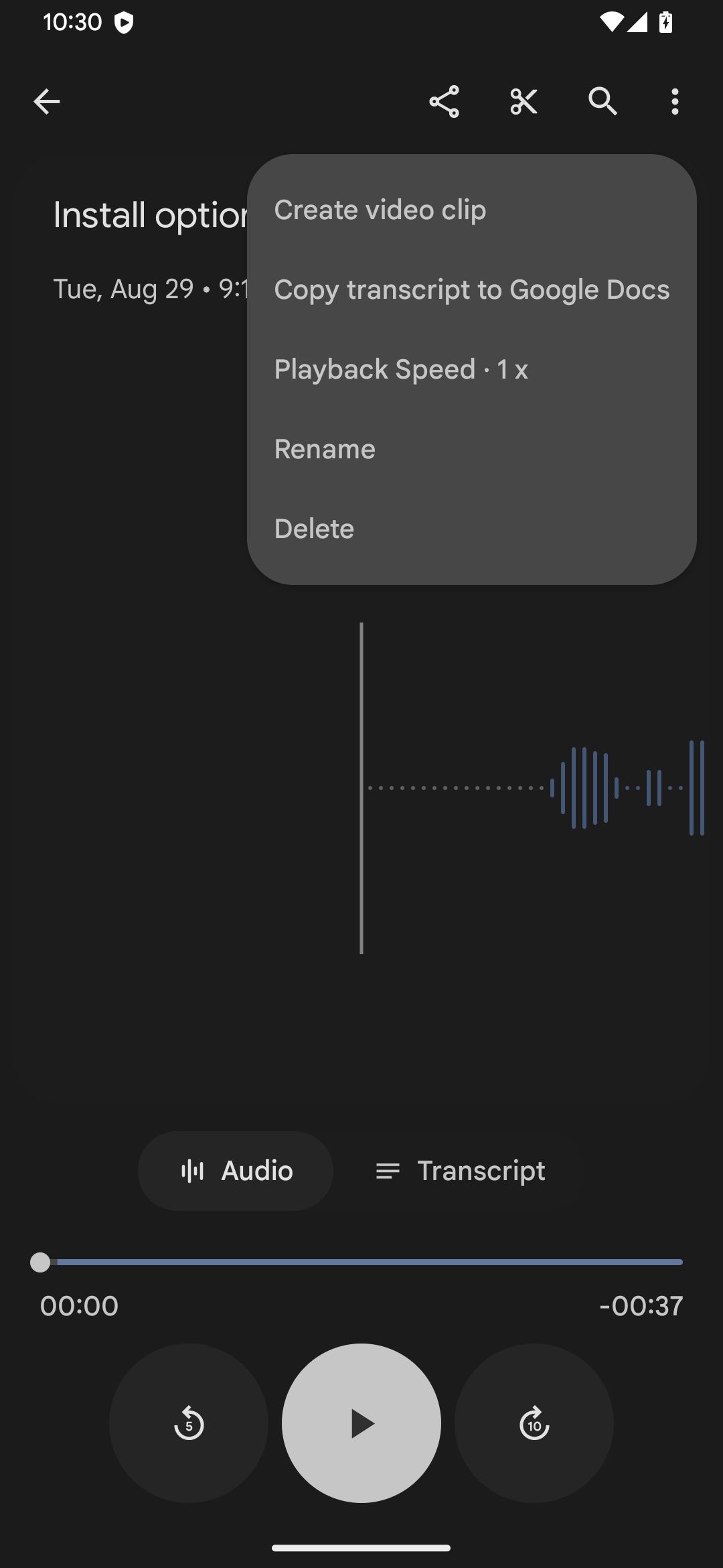 Menu bản ghi âm âm thanh của Google Recorder