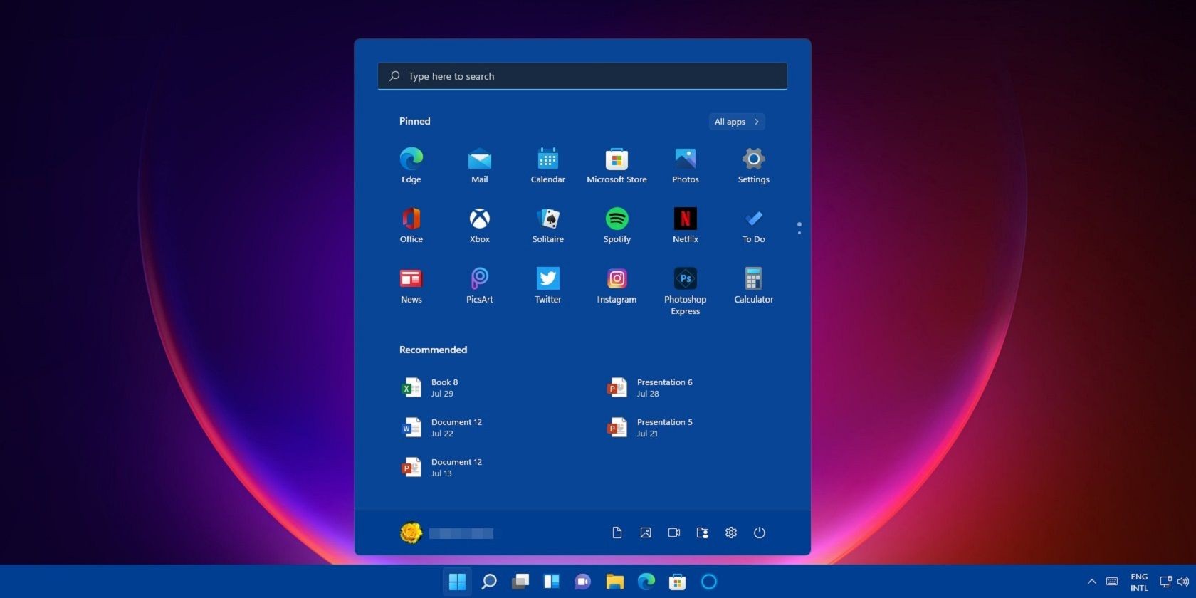 Menu Bắt đầu Windows 11 trên màn hình màu sắc