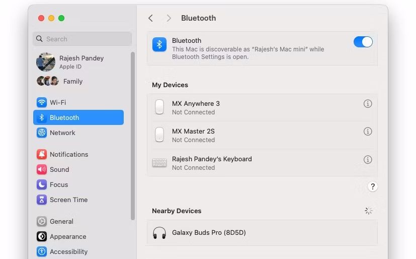 Menu cài đặt Bluetooth trong macOS hiển thị Galaxy Buds Pro dưới Thiết bị Gần Đây