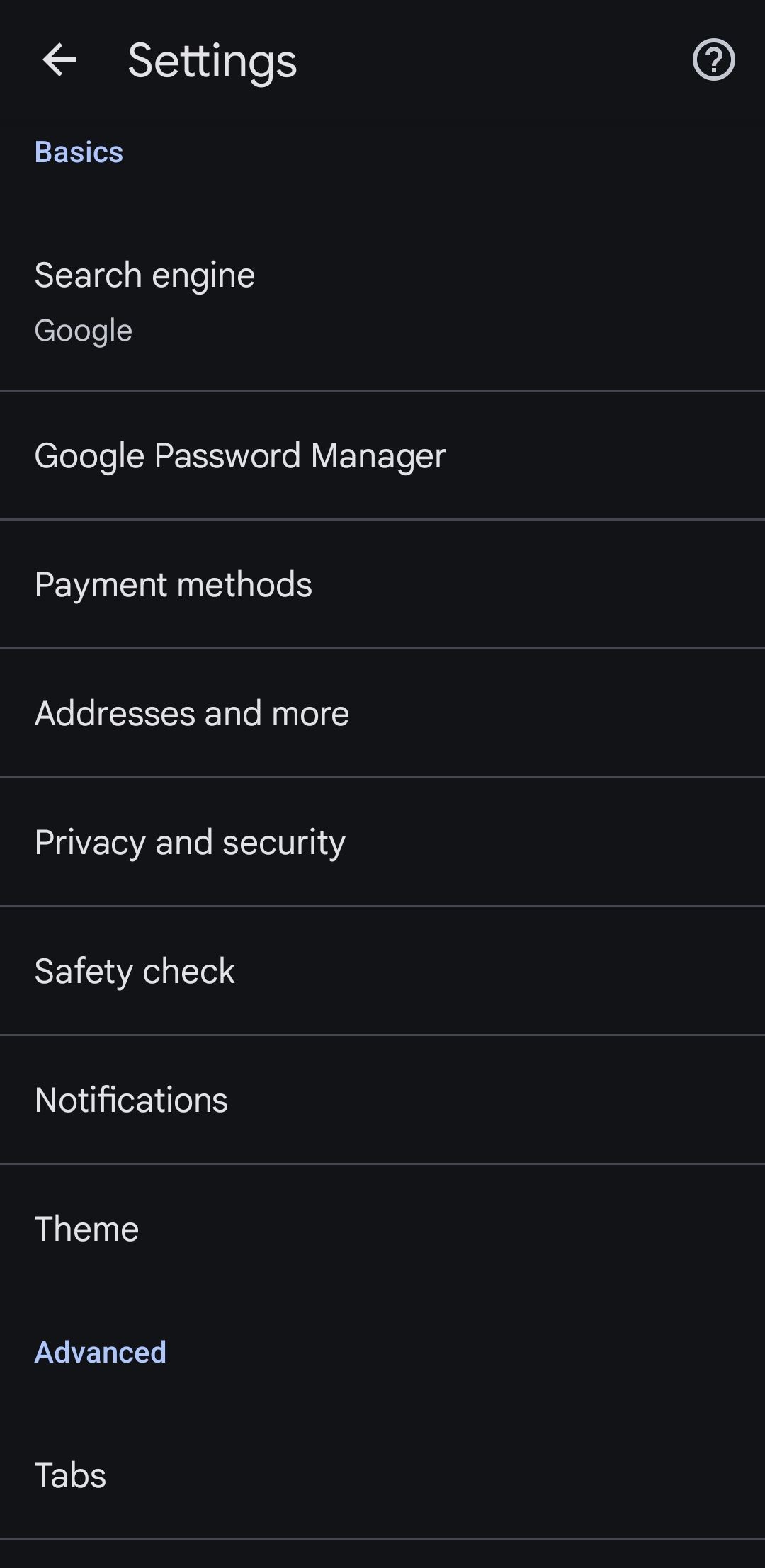 Menu cài đặt Chrome trên Android