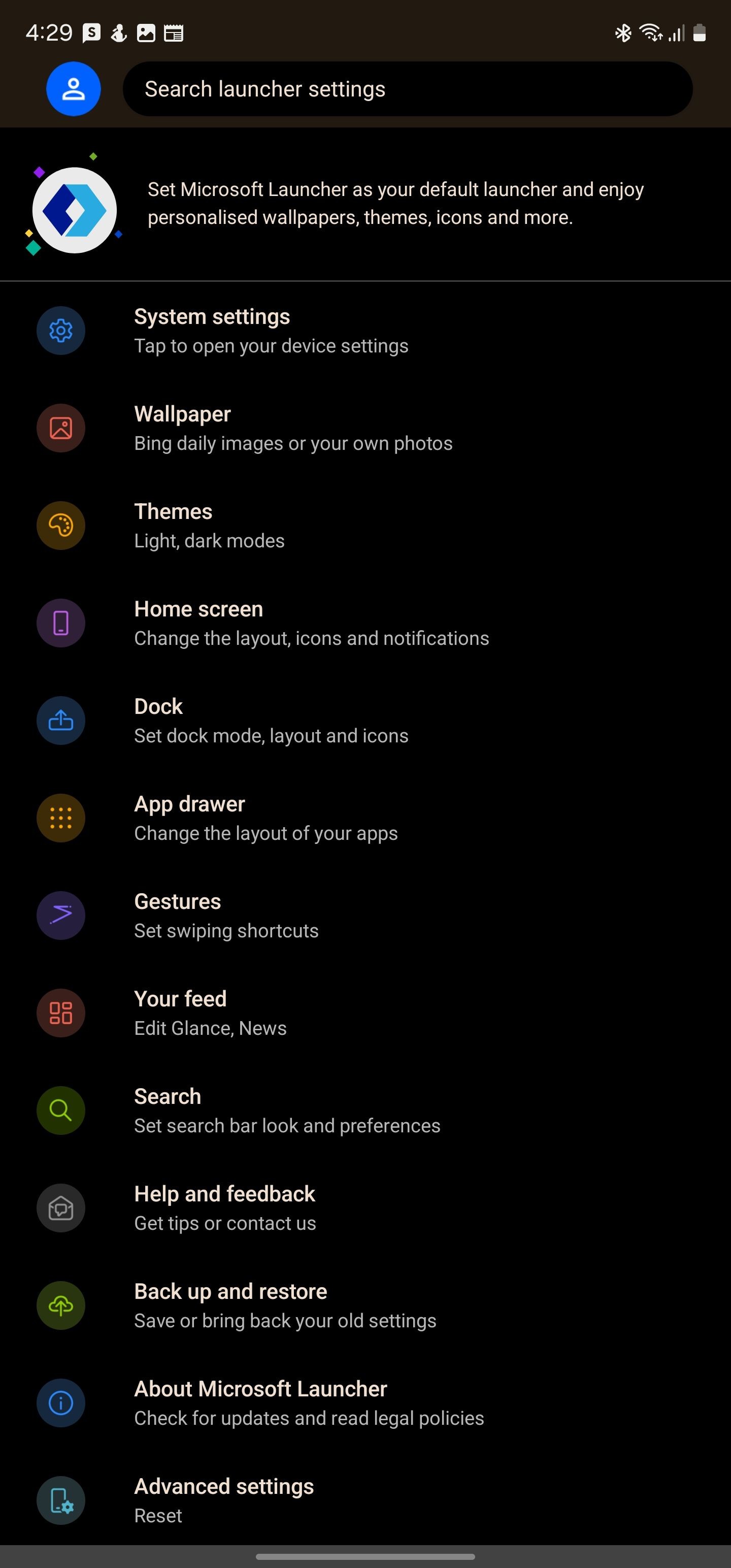 Menu cài đặt của Microsoft Launcher