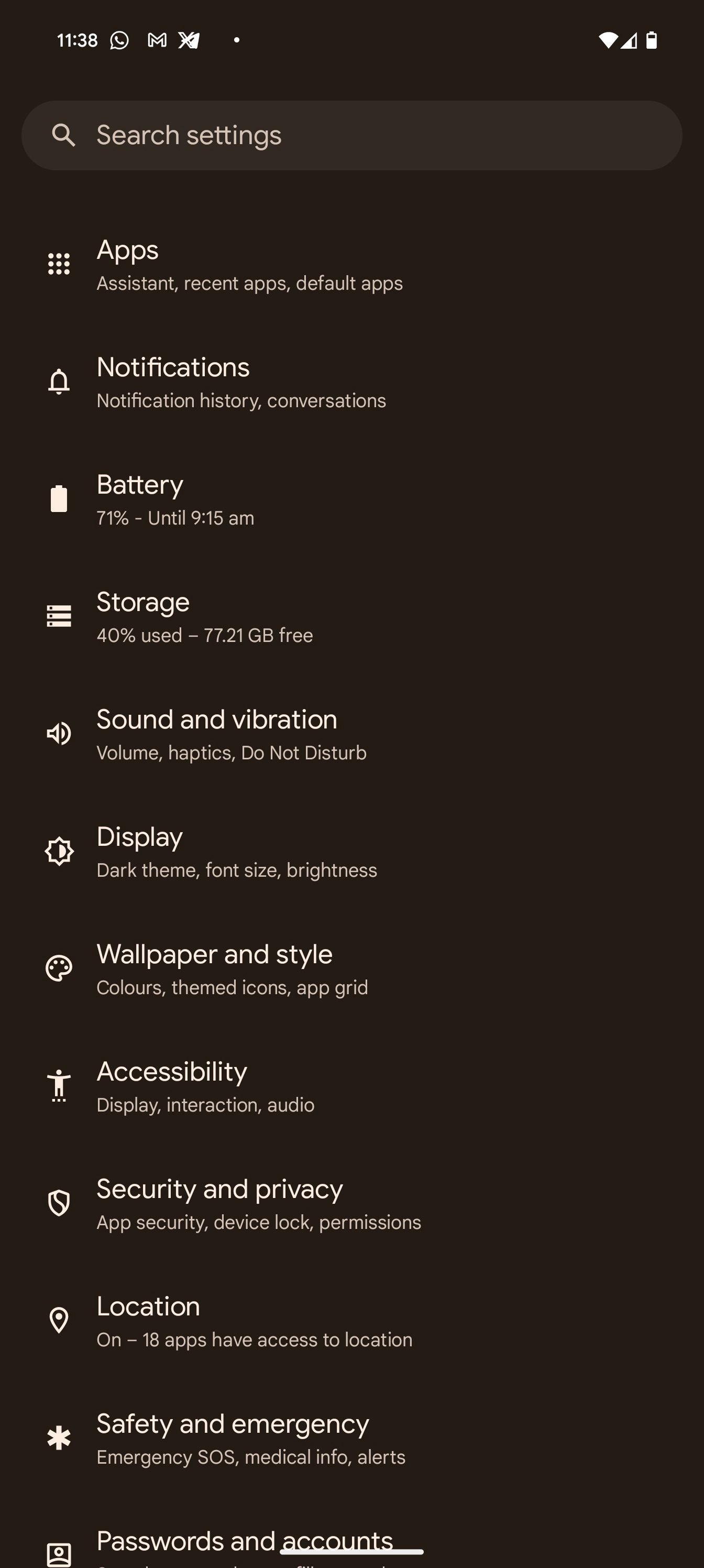 Menu Cài đặt của Pixel 8 chạy Android 14