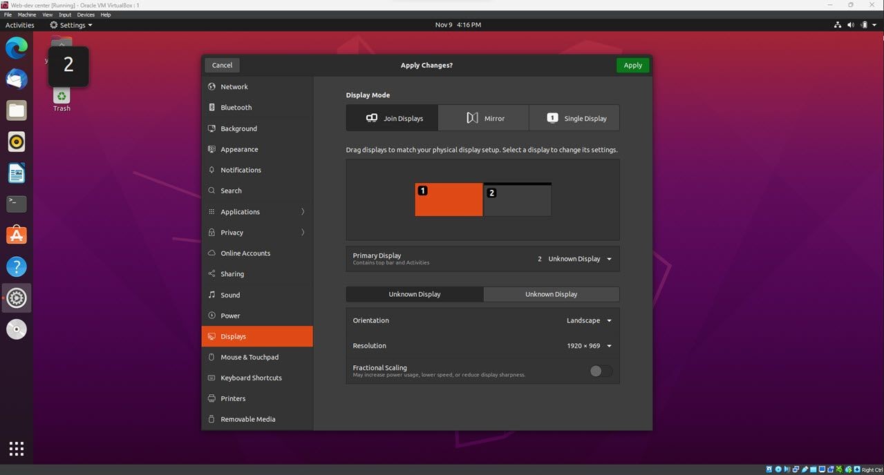 Menu cài đặt hiển thị nhiều màn hình trên Linux