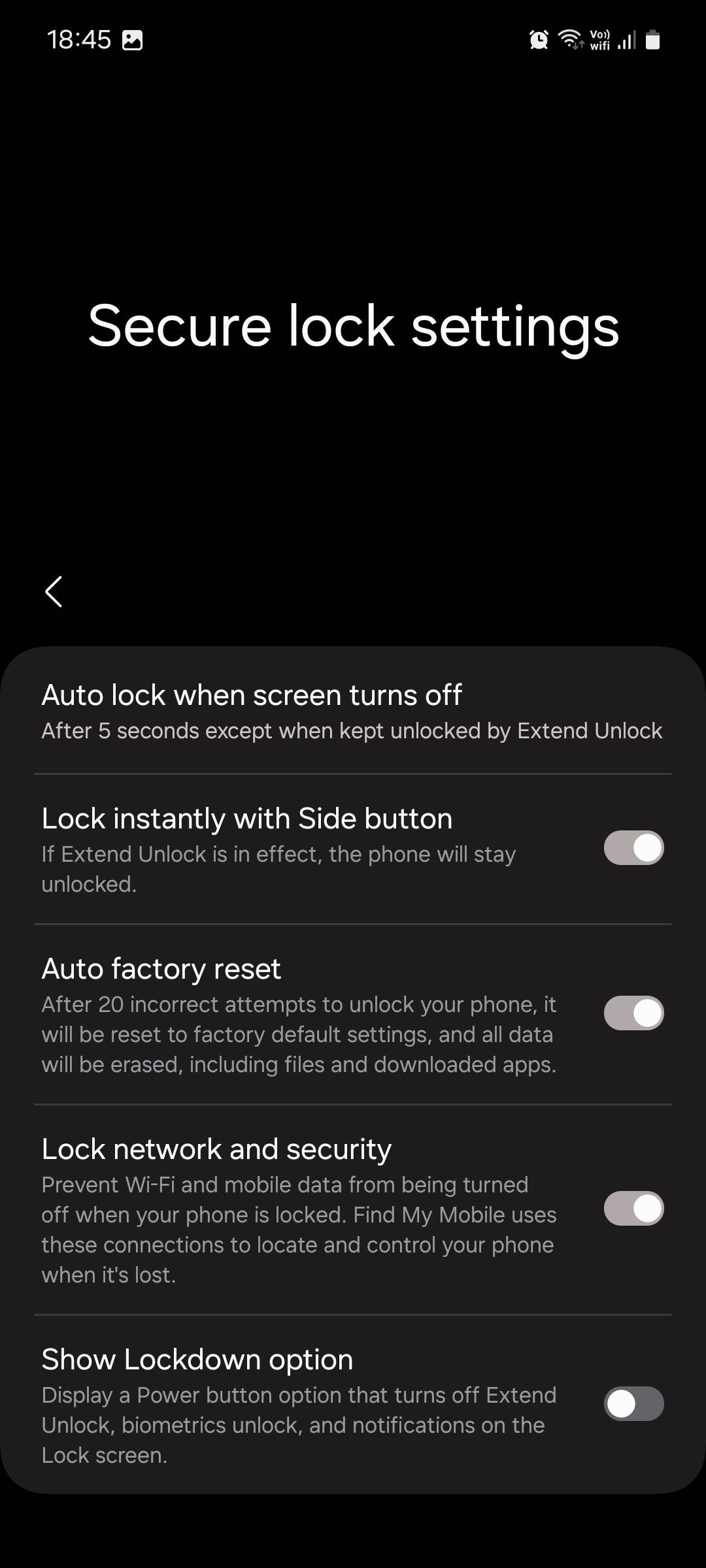 Menu cài đặt khóa an toàn Samsung One UI