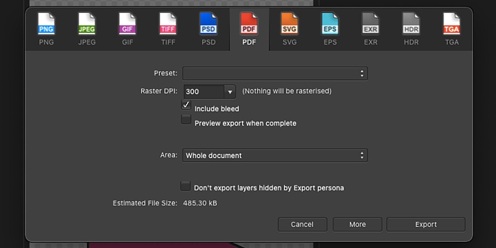 Menu cài đặt lưu PDF trong Affinity Designer