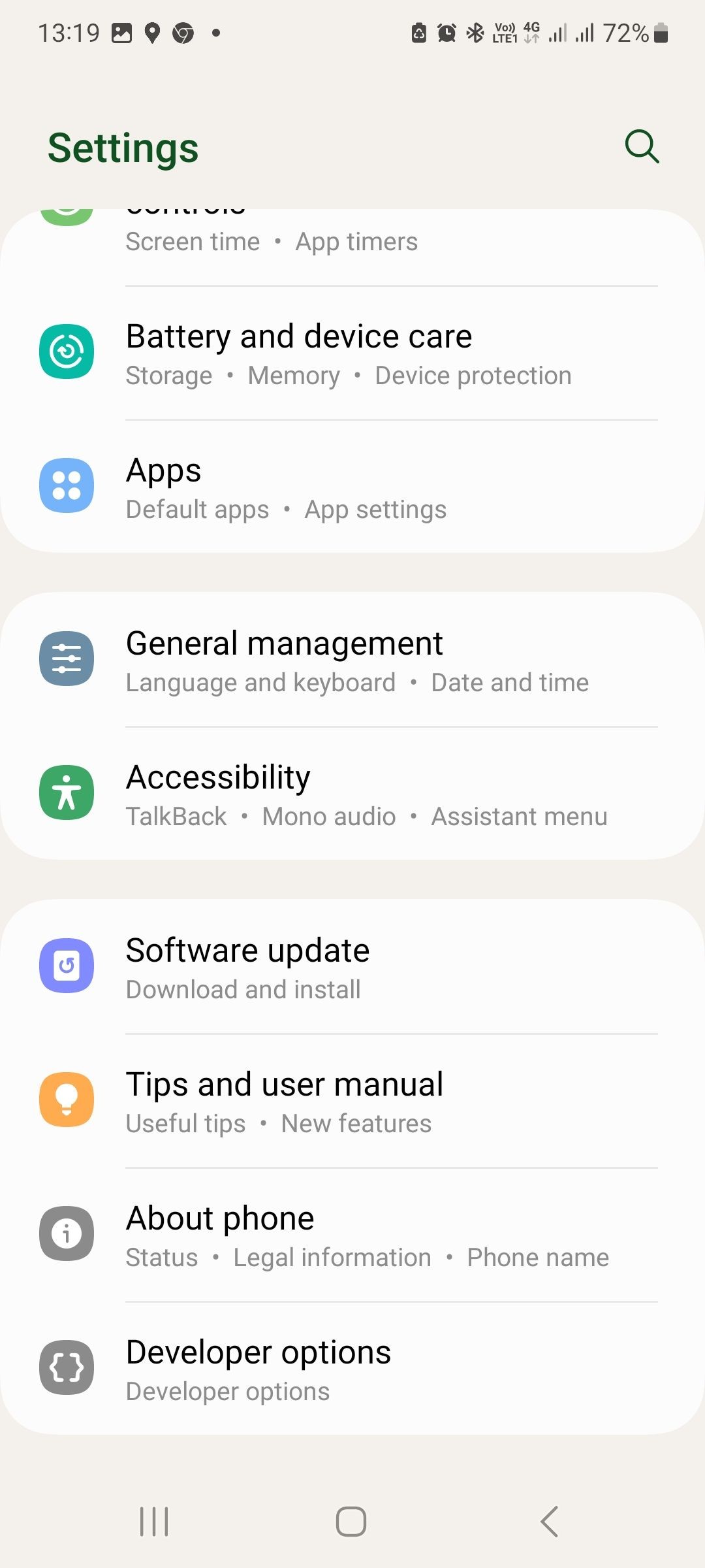 Menu cài đặt trên điện thoại Android