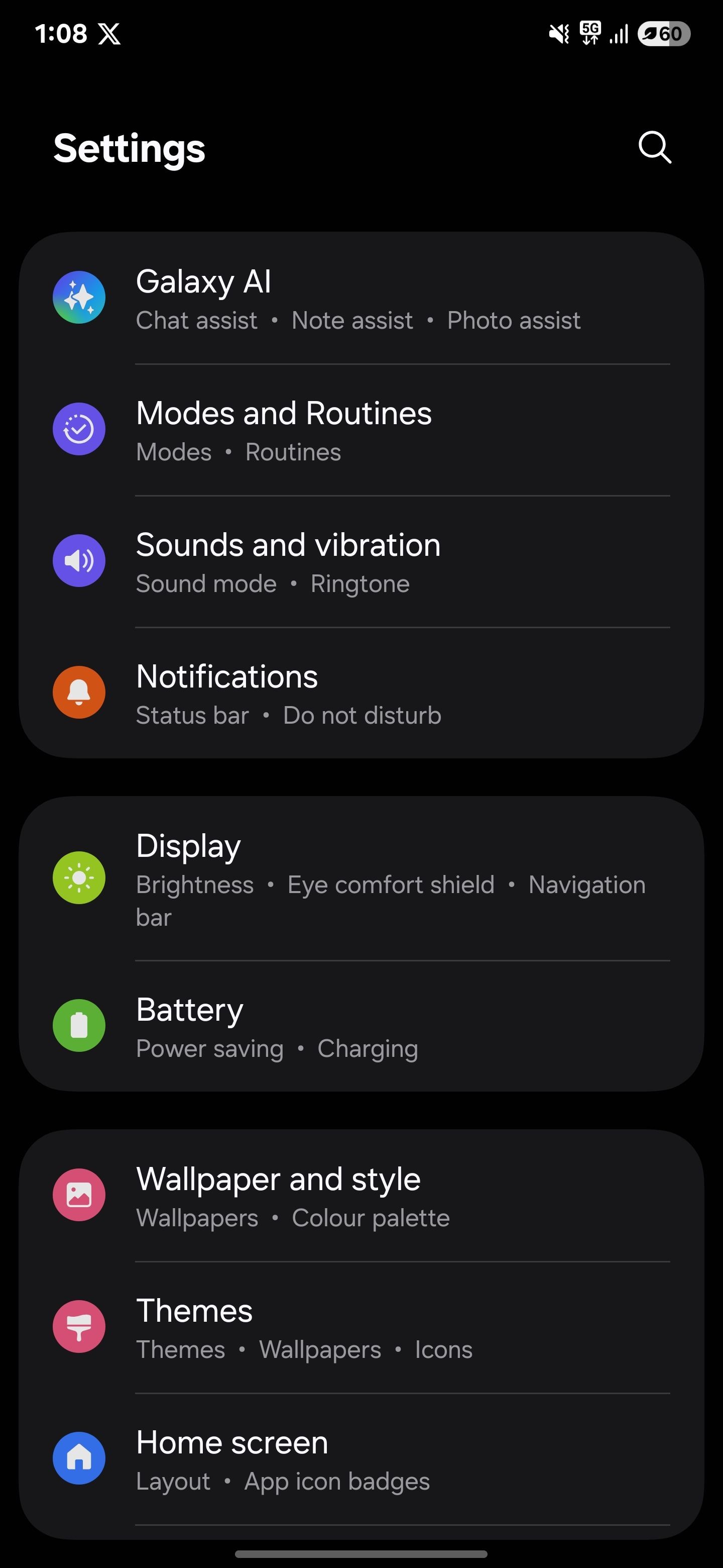 Menu Cài đặt trên Samsung S25 Ultra