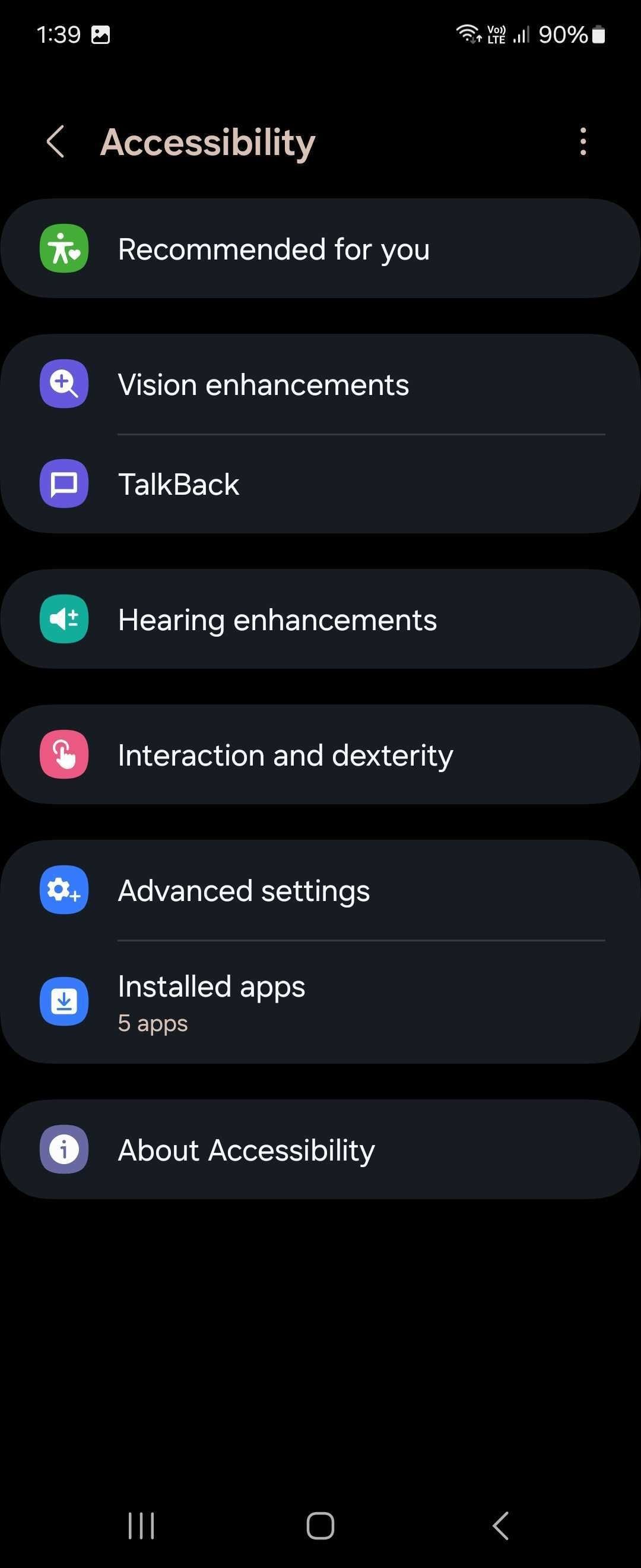 Menu cài đặt trợ năng trên Android