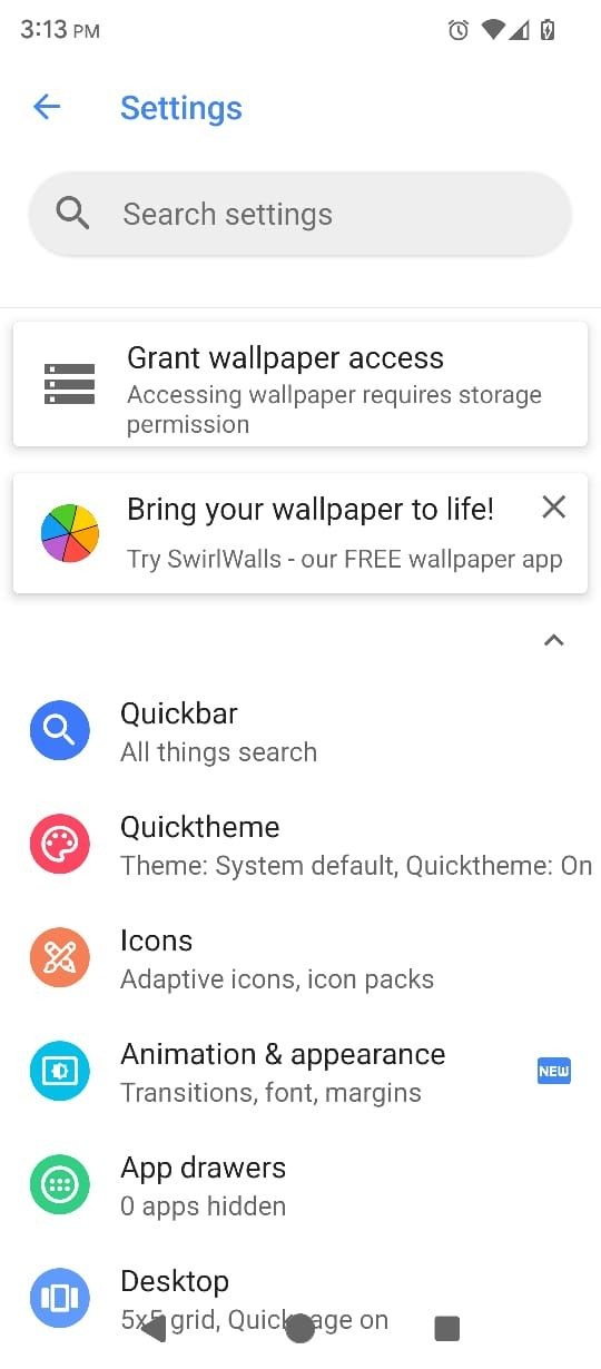Menu cài đặt và tùy chọn trong Action Launcher Pixel Edition