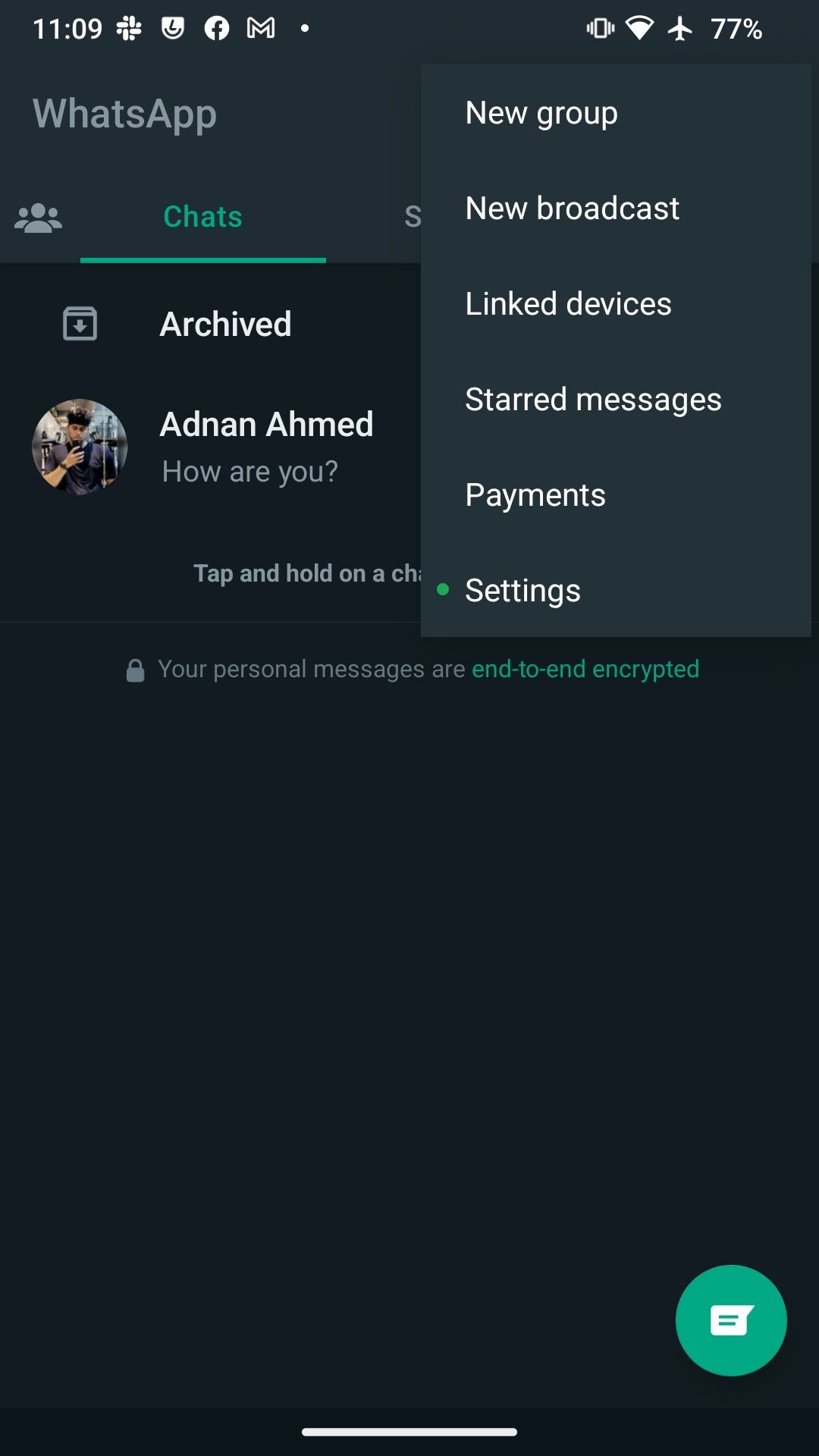 Menu cài đặt WhatsApp trên Android