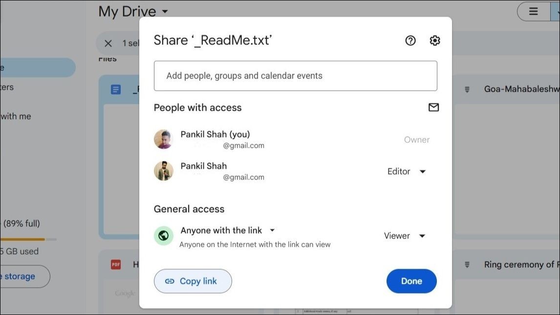 Menu chia sẻ Google Drive trên web