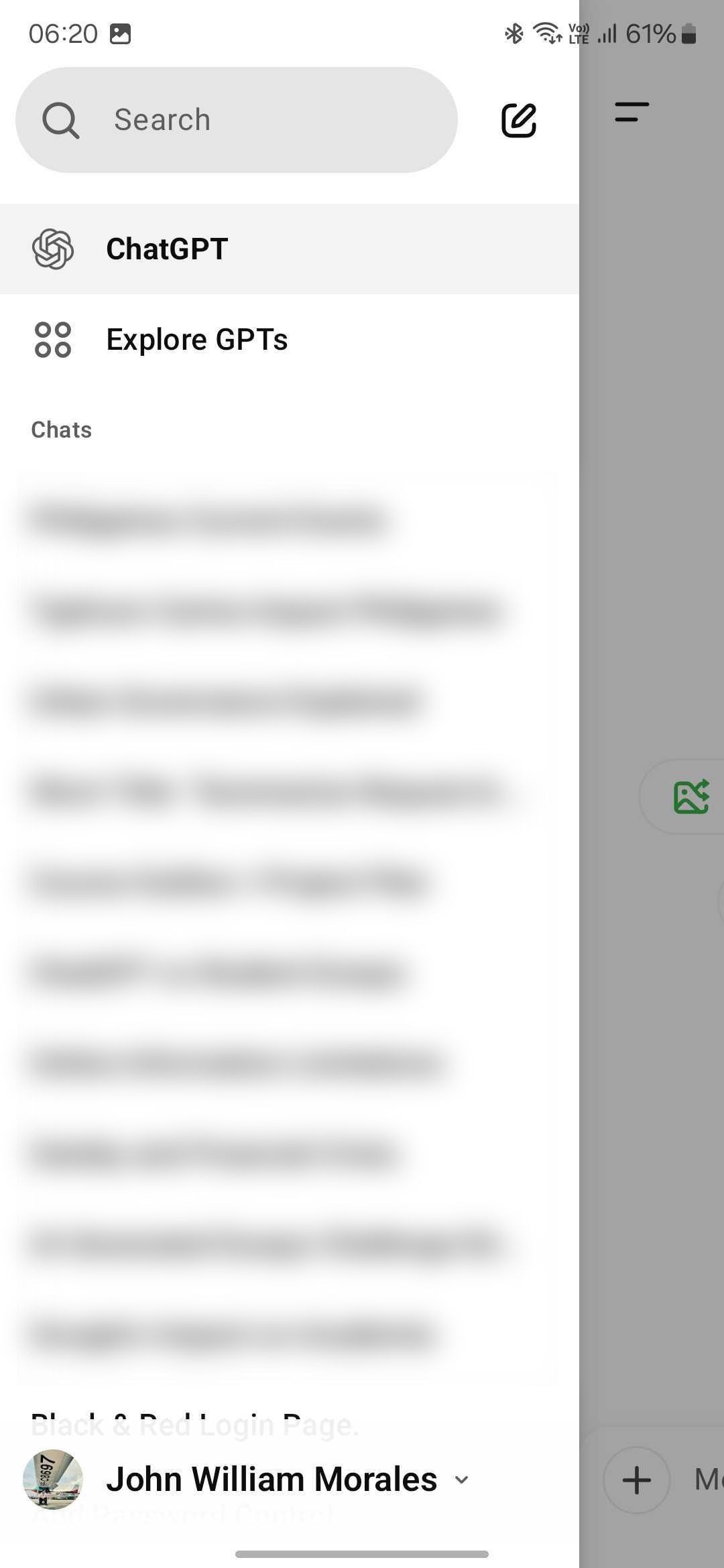 Menu chính của ChatGPT cho Android