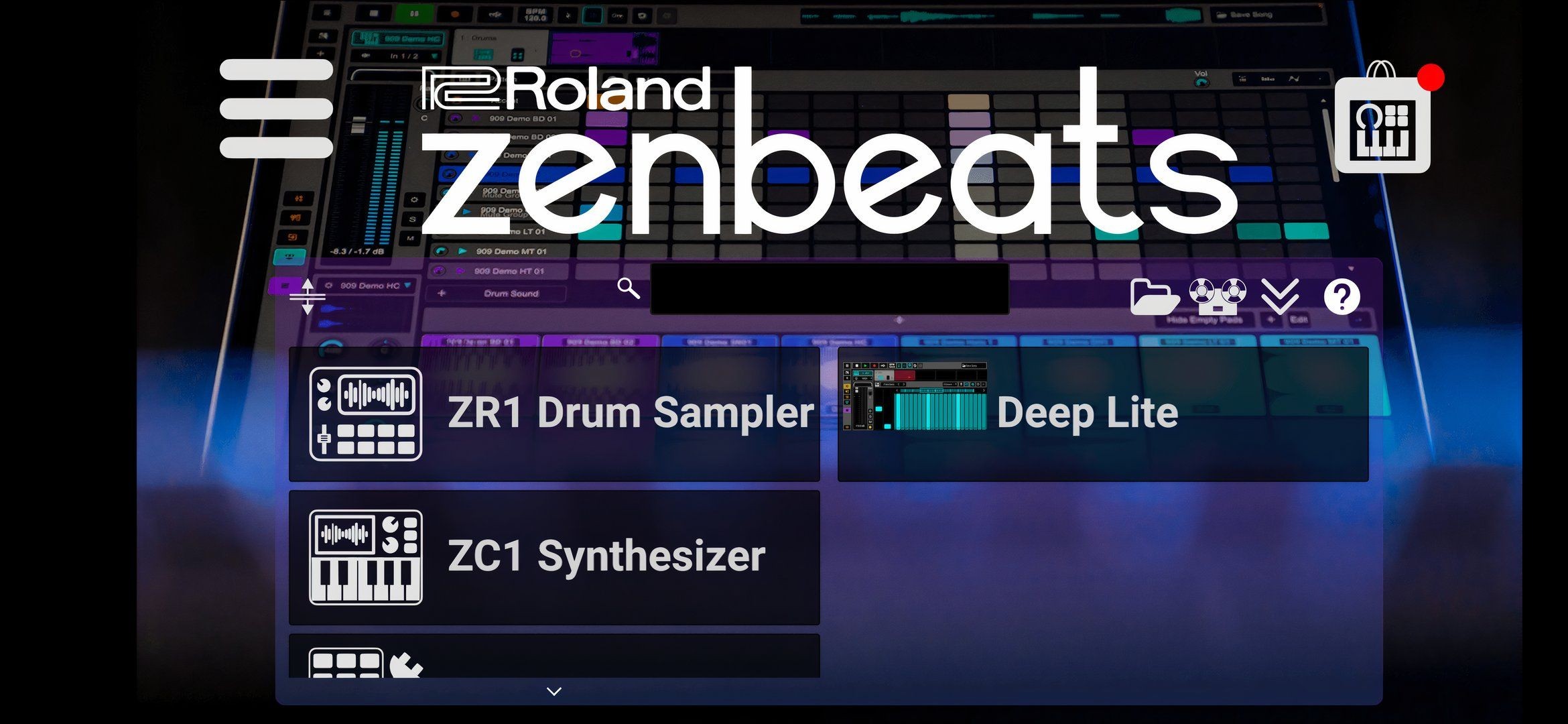 Menu chính của Roland Zenbeats.