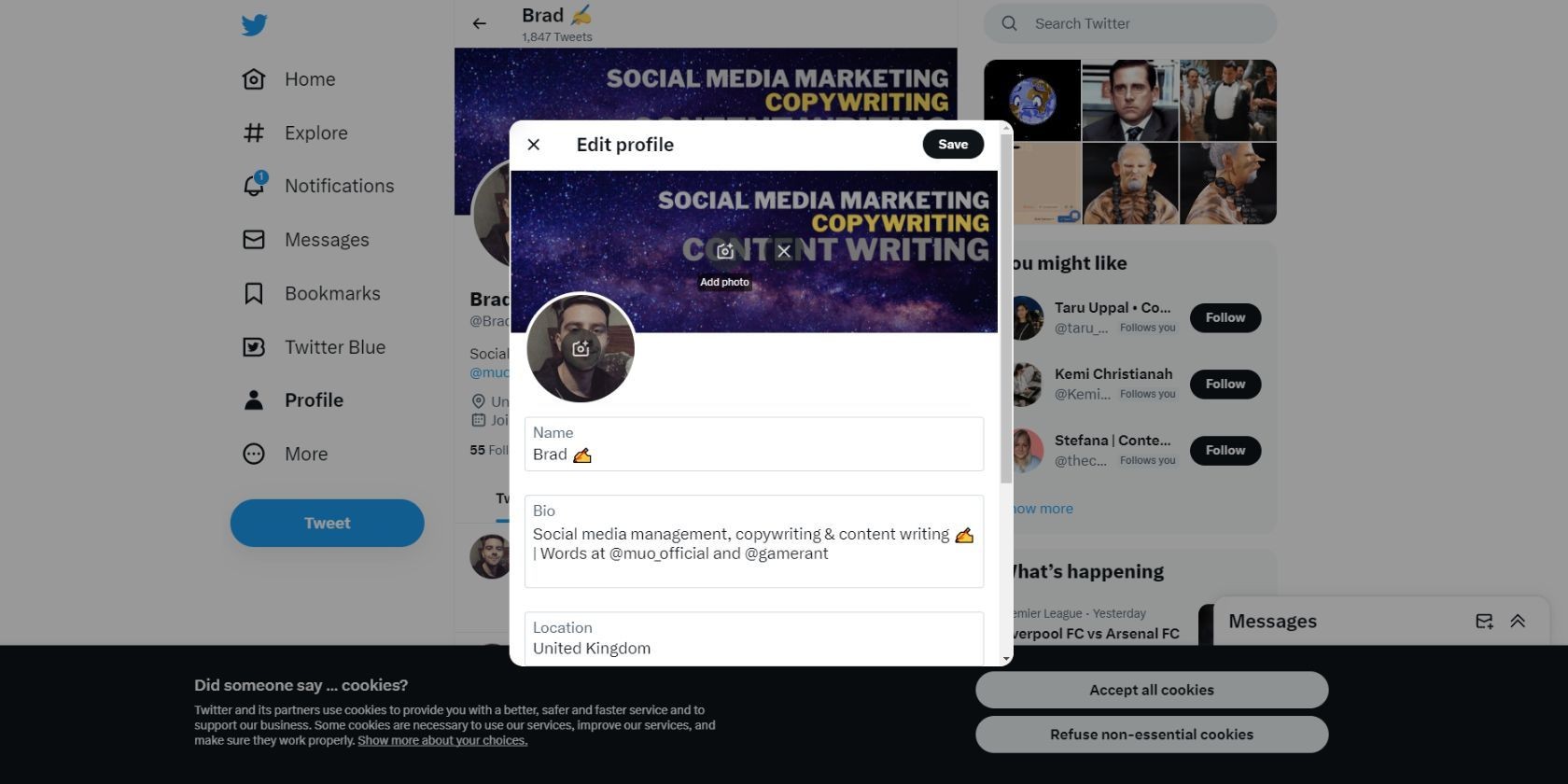 Menu Chỉnh sửa Hồ sơ trên ứng dụng web Twitter