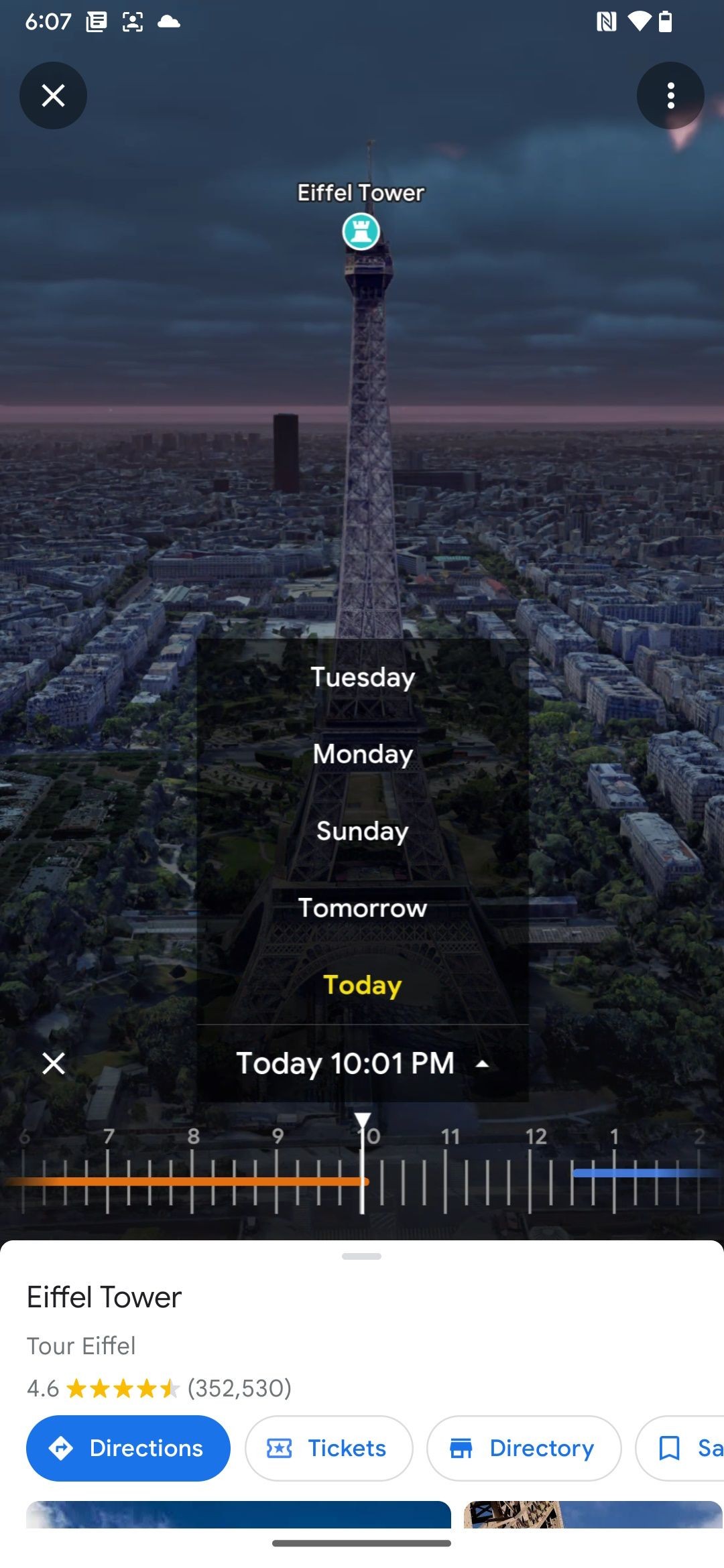 Menu chọn ngày của Immersive View Tháp Eiffel trên ứng dụng Google Maps