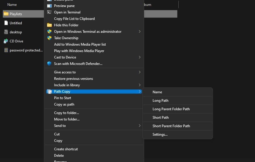Menu con Path Copy