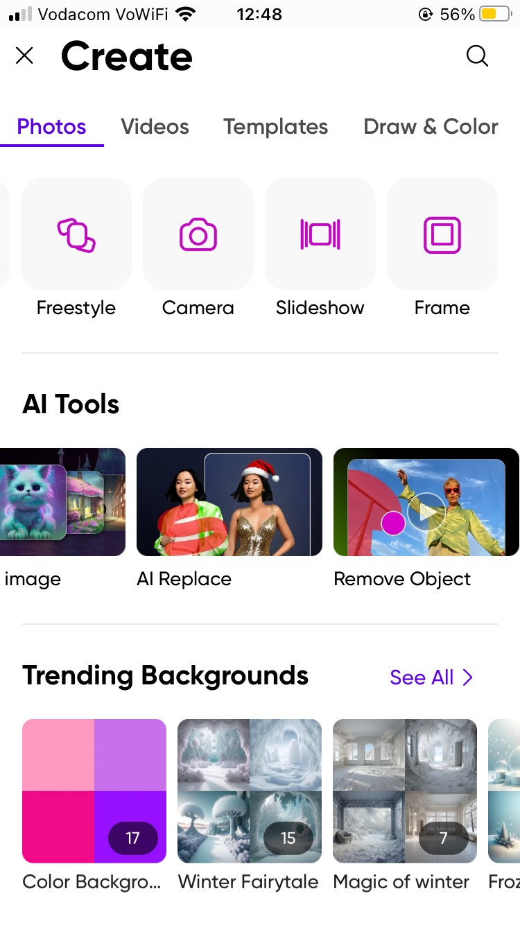 Menu Công Cụ AI Trong Ứng Dụng Picsart