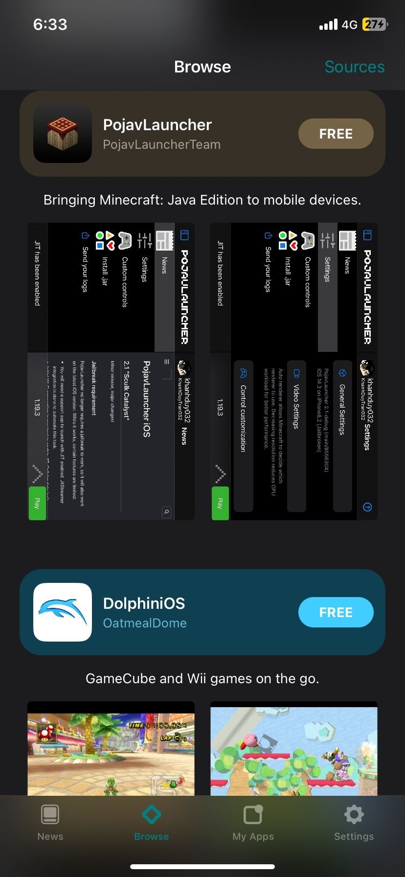 Menu Cửa hàng AltStore, với tùy chọn cài đặt PojavLauncher hoặc trình giả lập DolphinOS