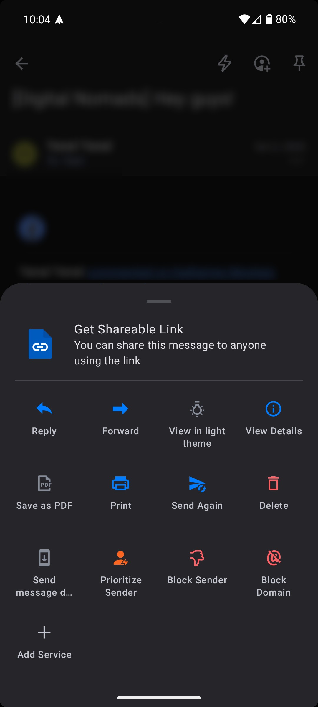 Menu cuộc trò chuyện trong ứng dụng Spark Mail trên Android