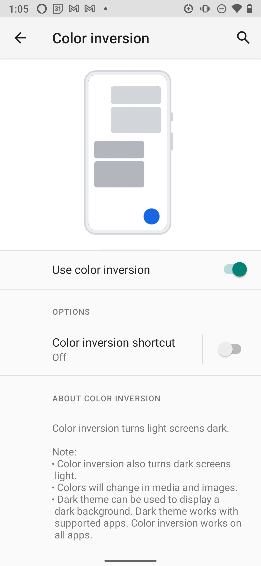 Menu đảo ngược màu sắc trên Android 10
