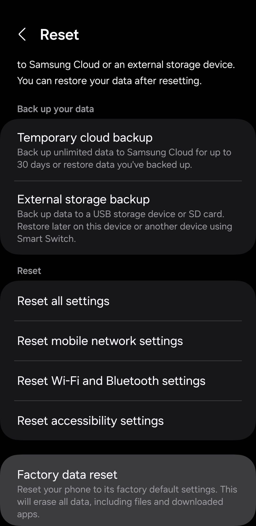 Menu Đặt lại trên Android