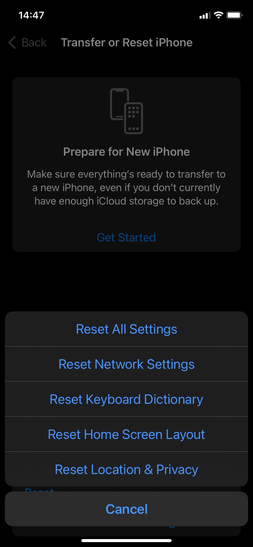 Menu Đặt lại trên iPhone.
