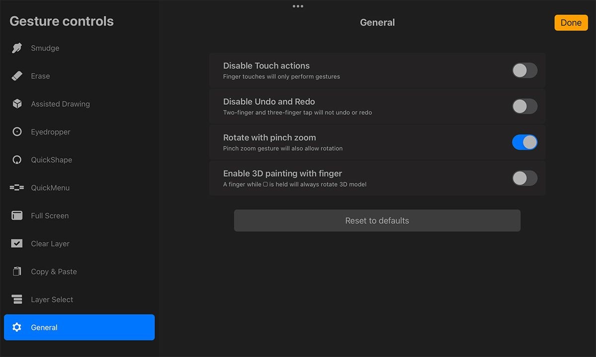 Menu điều khiển cử chỉ trong Procreate.