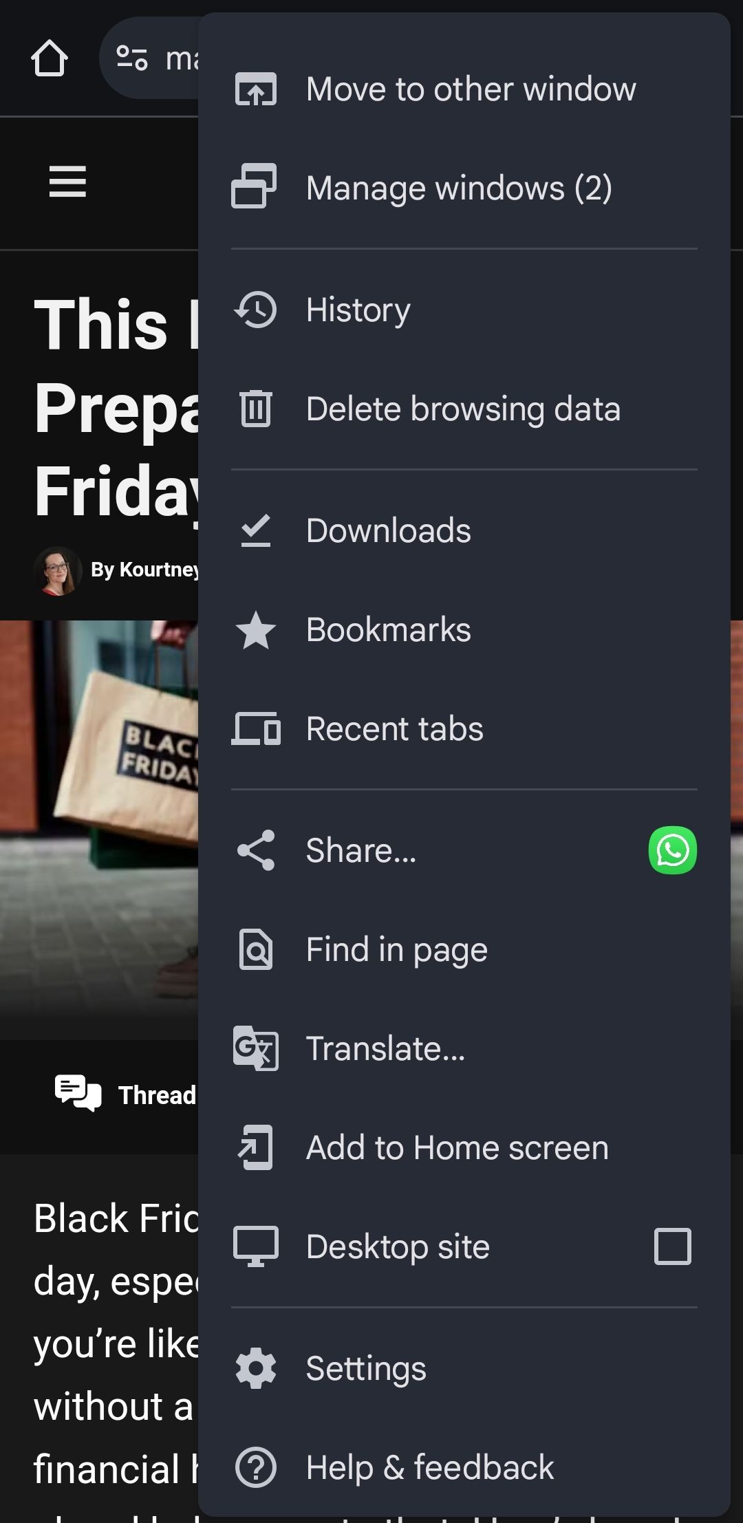 Menu Google Chrome trên điện thoại Android