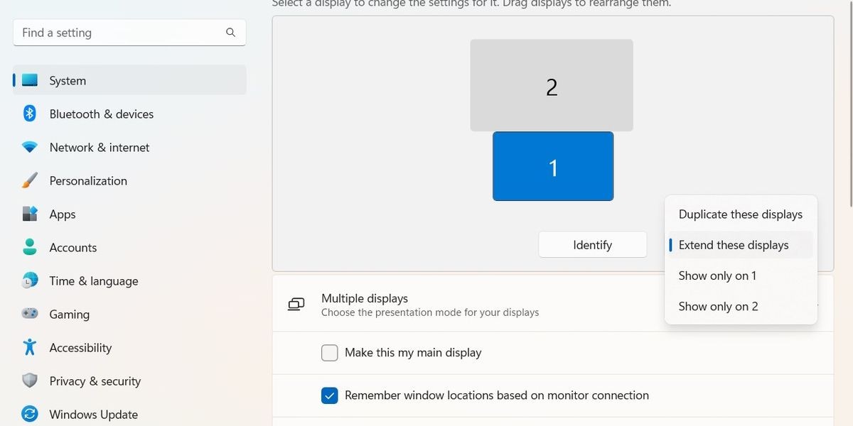 Menu hành vi hiển thị cho một màn hình trong cài đặt hiển thị Windows.