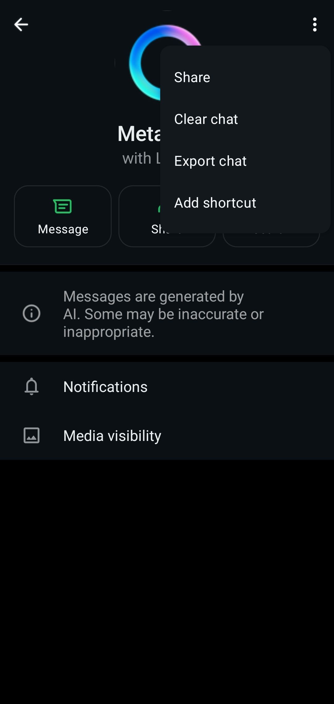 Menu hồ sơ WhatsApp với Meta AI