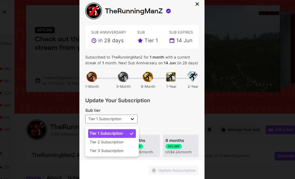 Menu lựa chọn cấp độ đăng ký trên Twitch