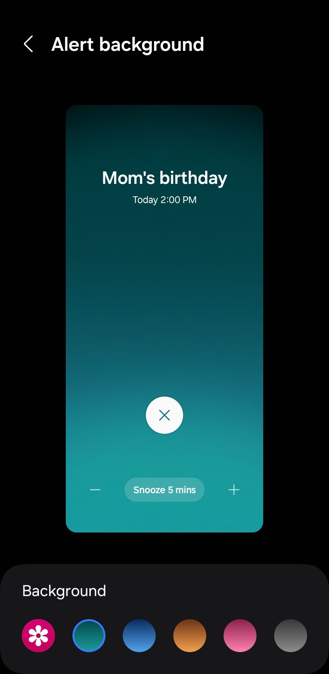 Menu nền cảnh báo trong ứng dụng Lịch Samsung