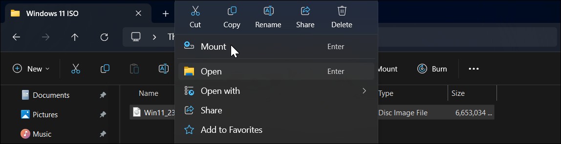 Menu ngữ cảnh File Explorer hiển thị tùy chọn Mount khi nhấp chuột phải vào tệp ISO