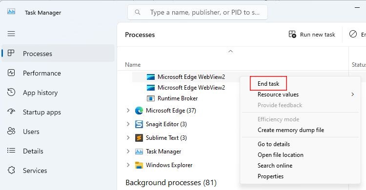 Menu ngữ cảnh Microsoft Edge WebView2