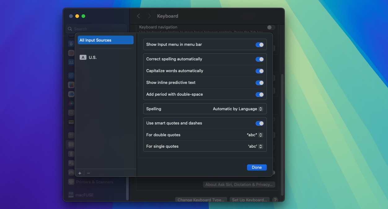 Menu Nguồn nhập liệu trên macOS