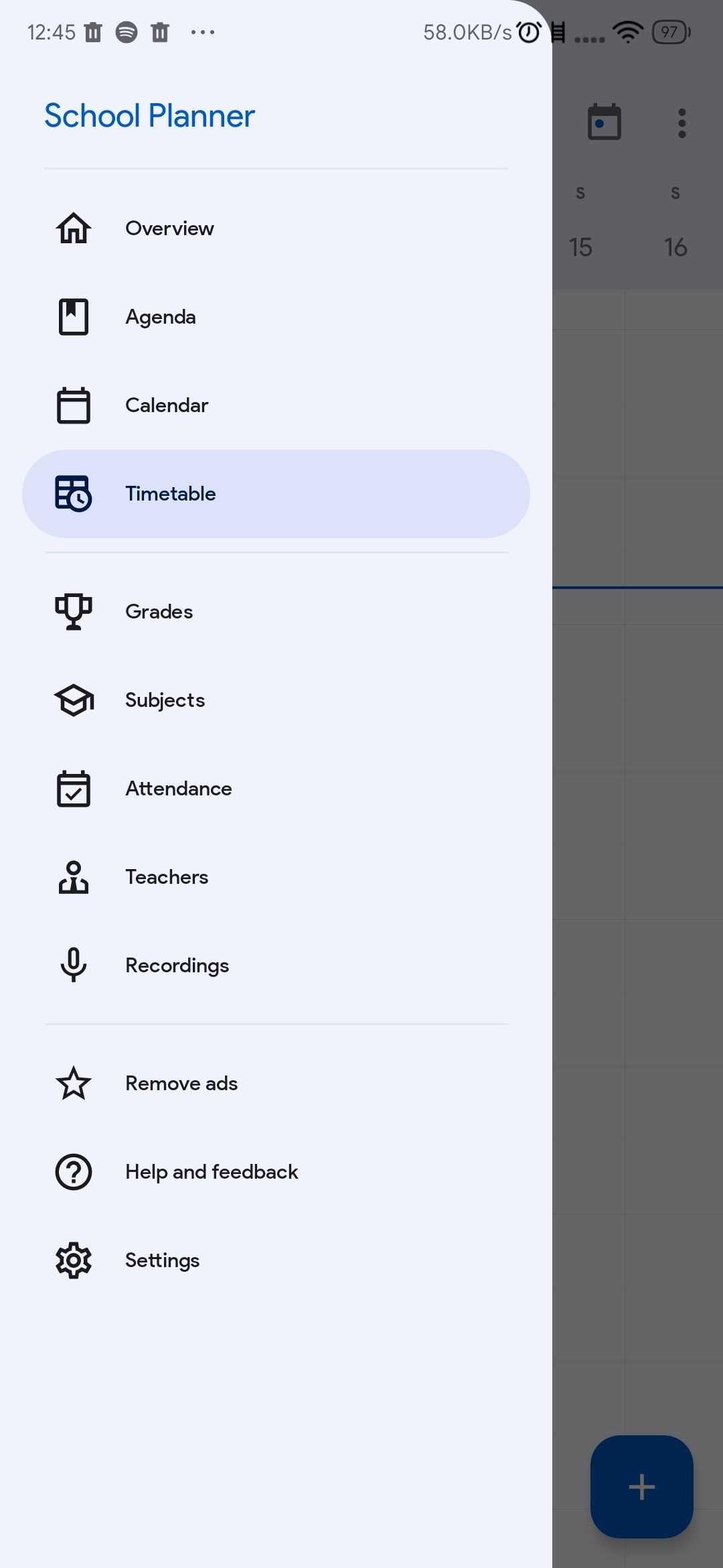 Menu of options in School Planner