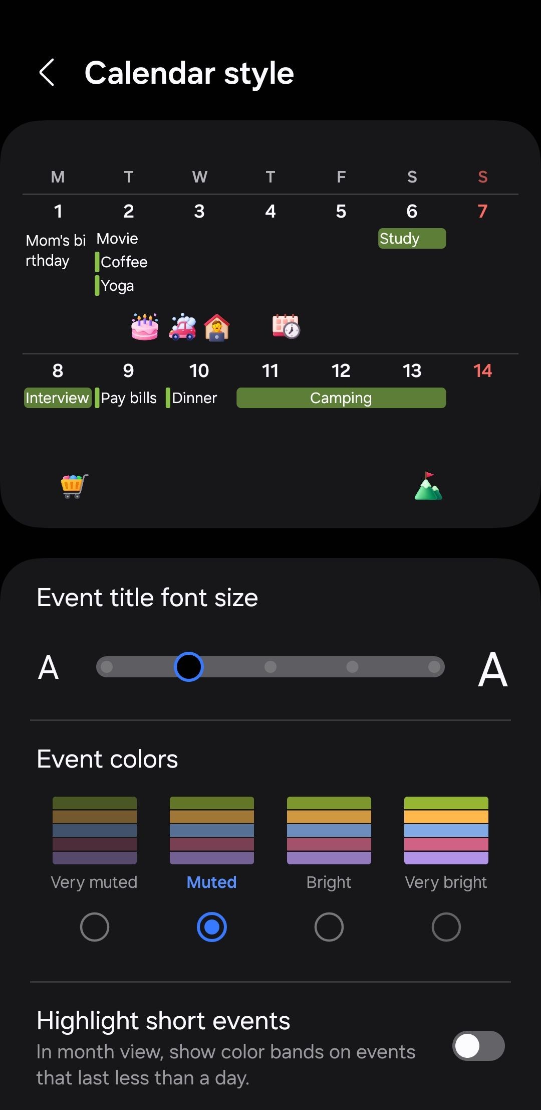 Menu phong cách lịch trong ứng dụng Lịch Samsung