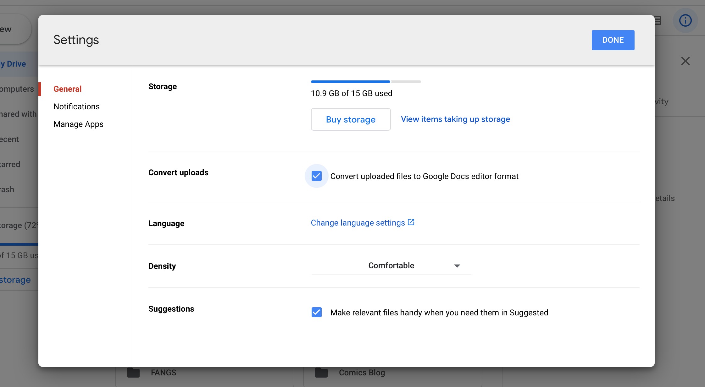 Menu Settings trong Google Drive với ô chuyển đổi tệp được đánh dấu
