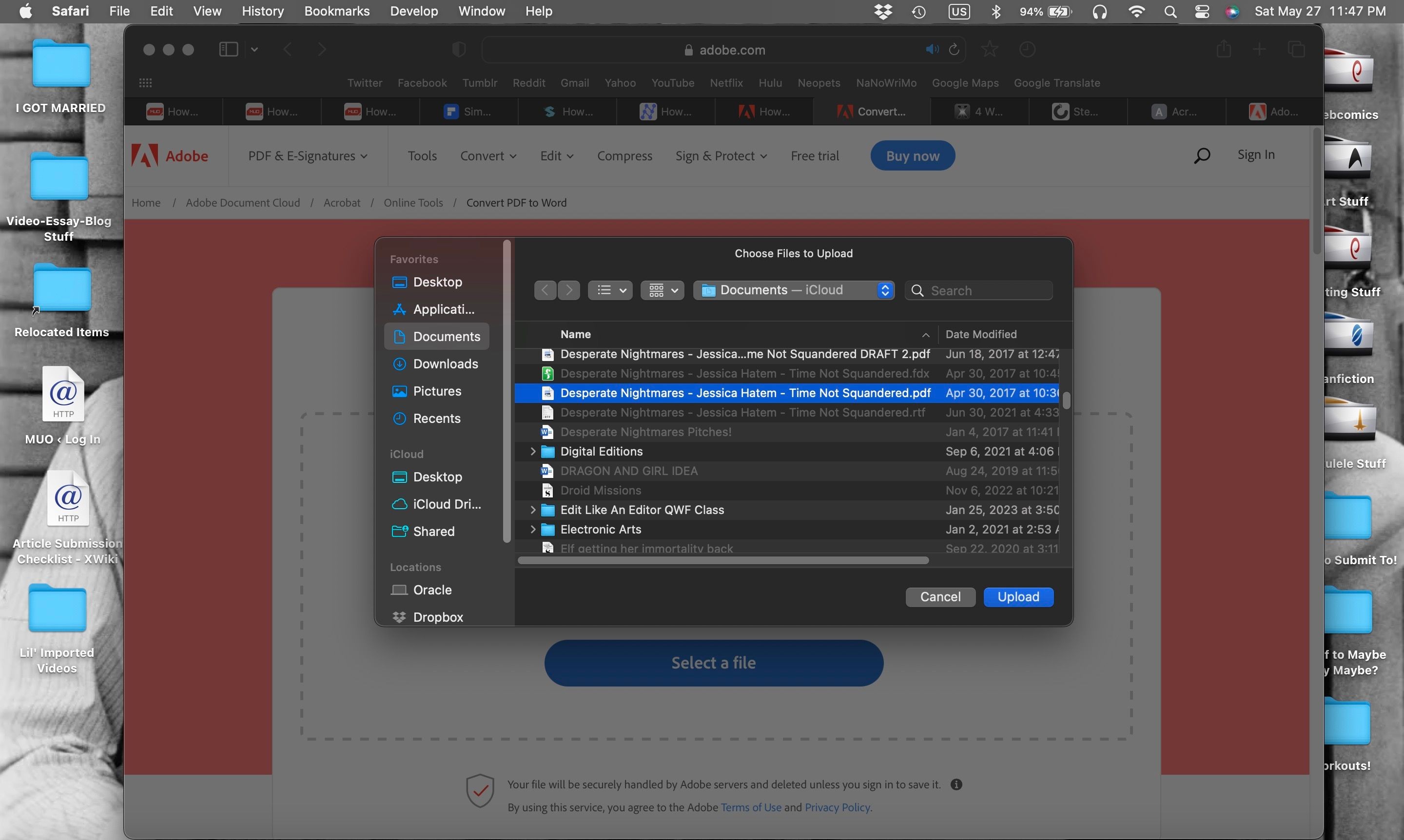 Menu tải lên tệp mở trong công cụ chuyển đổi PDF sang Word trực tuyến của Adobe